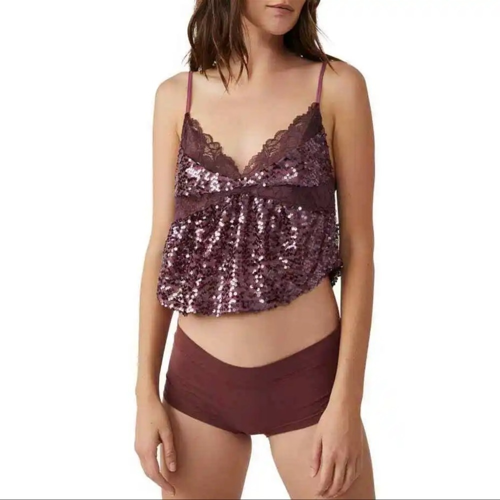 NWT Free People Right Rhythm‎ Sequin Crop Camisole in wine combo